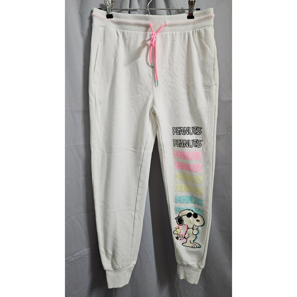 Peanuts Snoopy Womens White Sweatpants With Colorful Print & Pink Drawstring Cuf